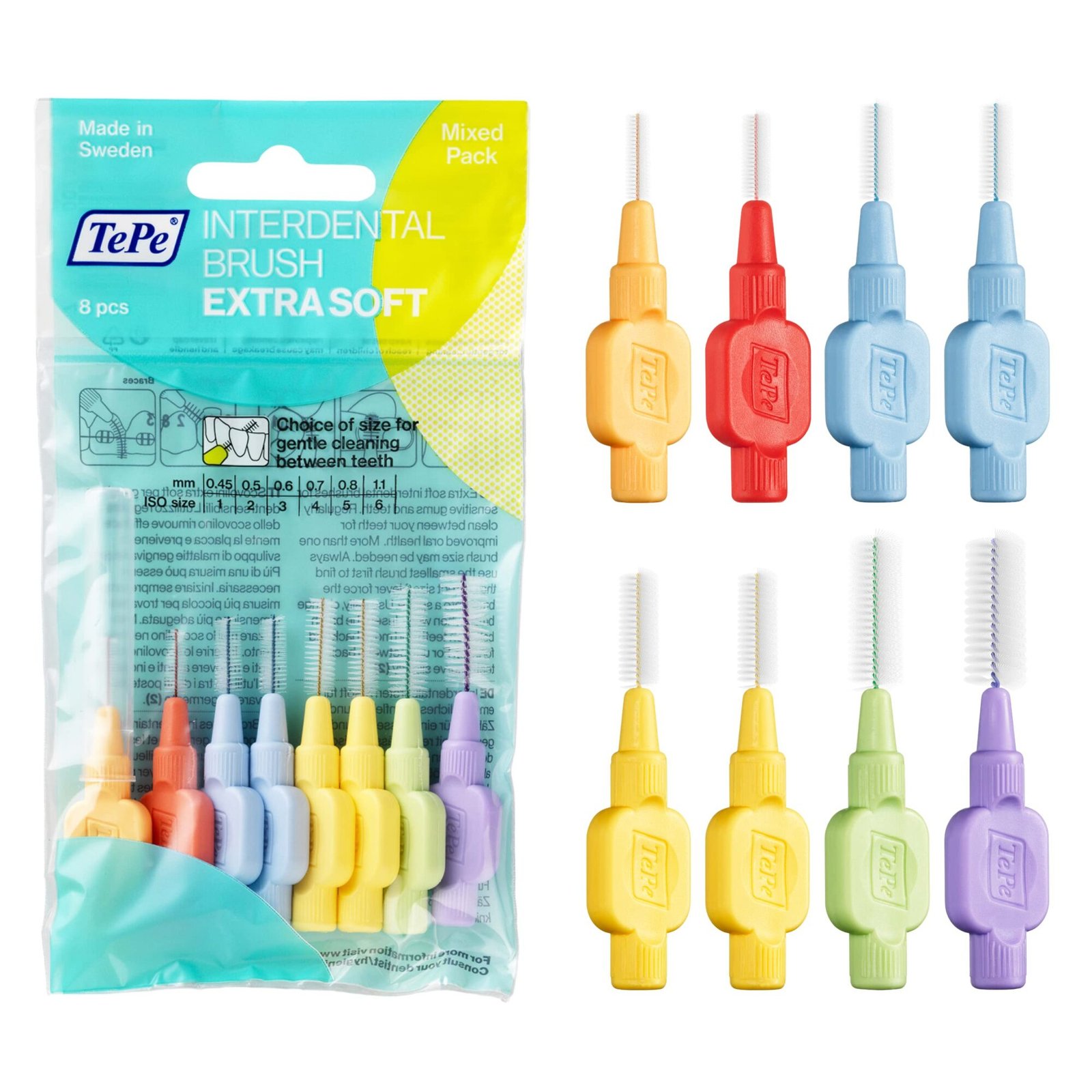 TePe Interdental Brush, Extra Soft 0.45-1.1mm/ISO 1-6,  Plaque Removal, flossers for Wide Gaps, from Narrow to Large Gaps