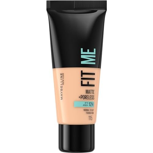 Maybelline Fit Me Foundation, Medium Coverage, Blendable With a Matte and Poreless Finish, For Normal to Oily Skin, Shade: 115 Ivory, 30ml