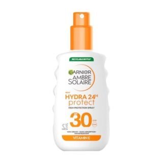 Garnier Ambre Solaire SPF 30 Hydra 24 Hour Protect High protection UVB & UVA hydrating sun cream spray. Enriched with Vitamin E, Water Resistant Sunscreen, Non greasy, Fast Absorbsion, 175ml