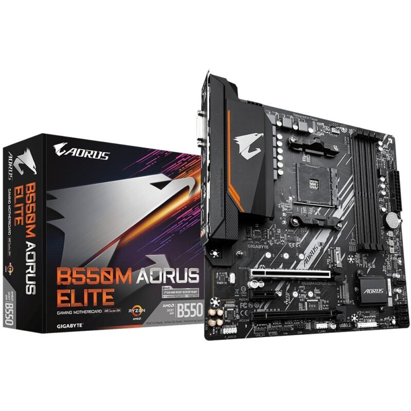 Gigabyte B550M AORUS ELITE Ultra Durable AMD AM4 Socket Motherboard, Micro-ATX, 4x DDR4 Slots, 2x M.2 Sockets, Fitted I/O Shield, GbE LAN, 1x DVI-D / 1x HDMI Port, photo 1 of 1
