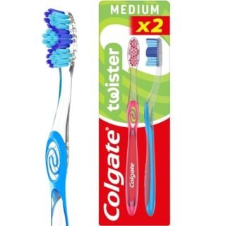 Colgate Twister Fresh Medium Manual Toothbrush 2pk, multidimensional cleaning, removes odour-causing bacteria, cleans in between teeth and along the gumline, cleans deep for fresher breath.