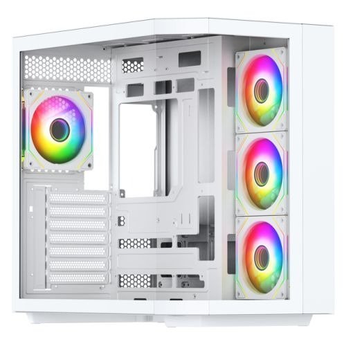 Vida Edge White ARGB Gaming Cube Case w/ Glass Side, Front & Corner, ATX, 4x ARGB PWM Fans, 6-Port Fan Hub & Remote Control, Asus BTF Compatible, photo 1 of 1