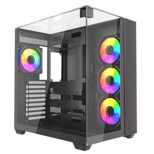 Vida Visio Black ARGB Gaming Cube Case w/ Glass Side, Front & Top, ATX, 4x ARGB PWM Fans, 6-Port Fan Hub & Remote Control, USB-C, Asus BTF Compatible, photo 1 of 1